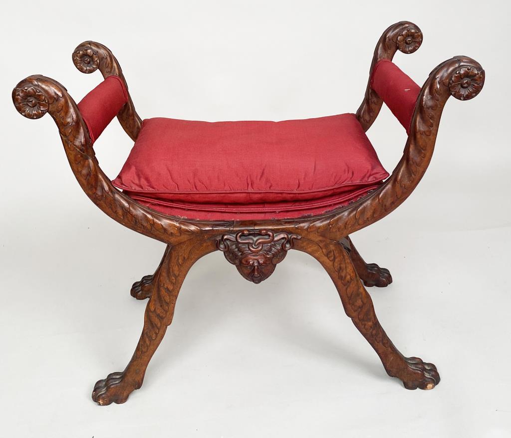 Continental Carved Walnut Curule Form Window Seat (1 of 7)
