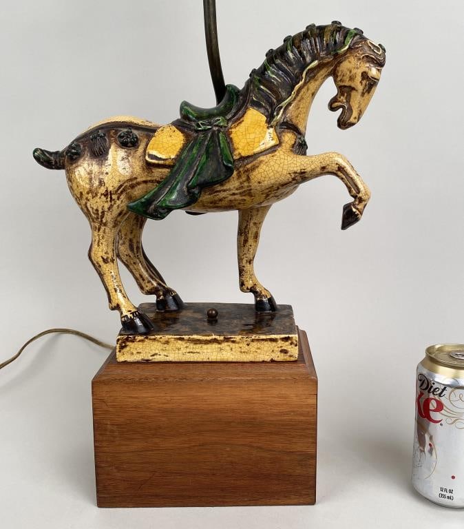 Chinese Style Roof Tile Horse, As Lamp: 27 3/4" high, 11 1/2" high, 4 3/4" deep. Tile alone: 10 1/4" high, 11 1/2" wide, 4" deep. Crazing.