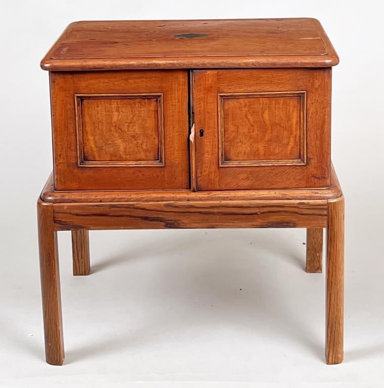 Antique Mahogany Fitted Campaign Box/Stand: burl wood with brass inlay on a later base. 22 1/2" high, 21 1/2" wide, 17 1/2" deep. Wood losses, fading, use wear.