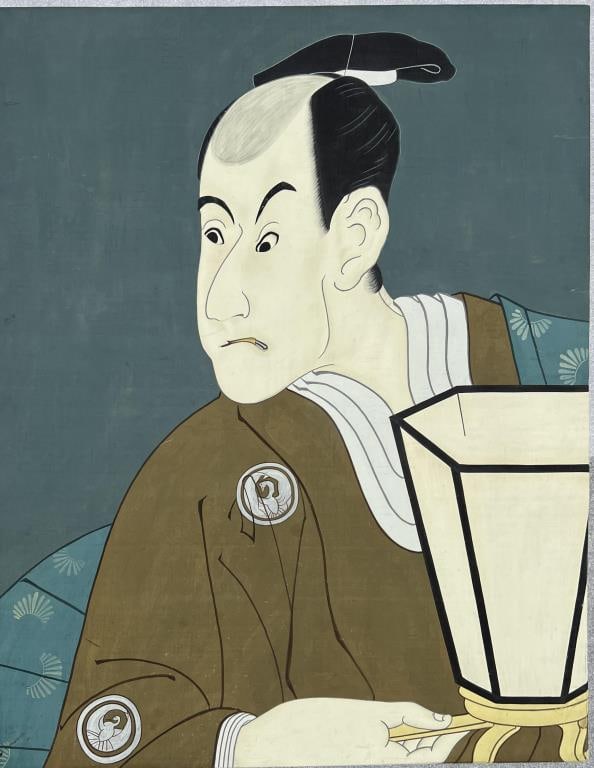 Contemporary Japanese Painting O/C: depicts a gentleman and a lamp. 46" high, 38" wide. Frame slightly warped.