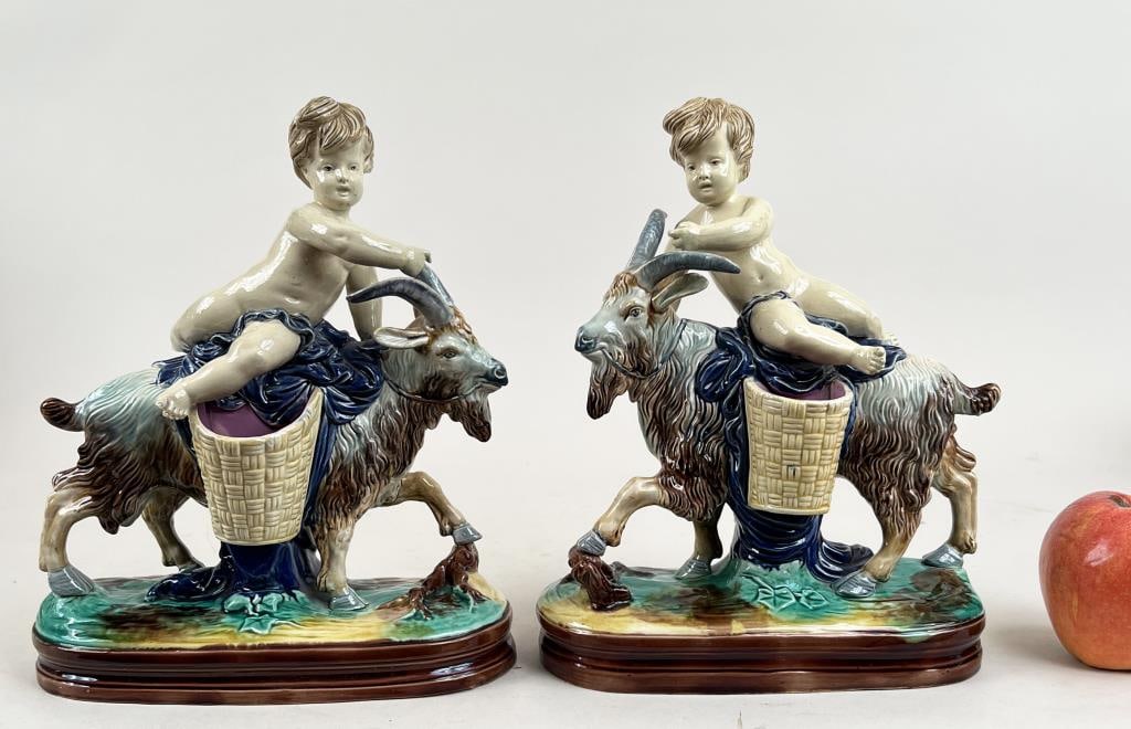 Pair Majolica Porcelain Figures, Putti On Goats (1 of 7)