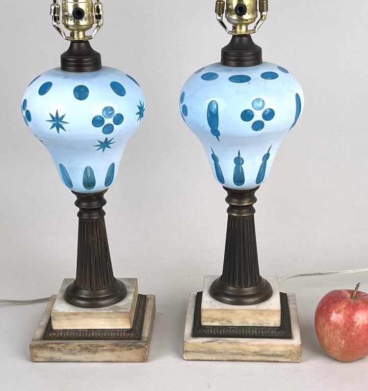 Pair Cased Glass White Cut To Blue Oil Lamps (1 of 6)