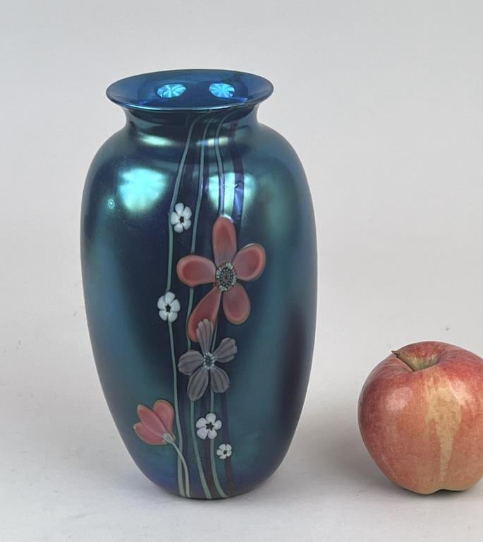 Orient & Flume Art Glass Vase: with flower blossoms. Signed on base. 8 7/8" high, 5" diameter.