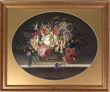 Meucci, O/C Still Life Painting: Michelangelo Meucci (Ital. 1840-1890) signed lower center. Frame size: 24 5/8" high, 29 1/2" wide. Damage to matting, frame wear.