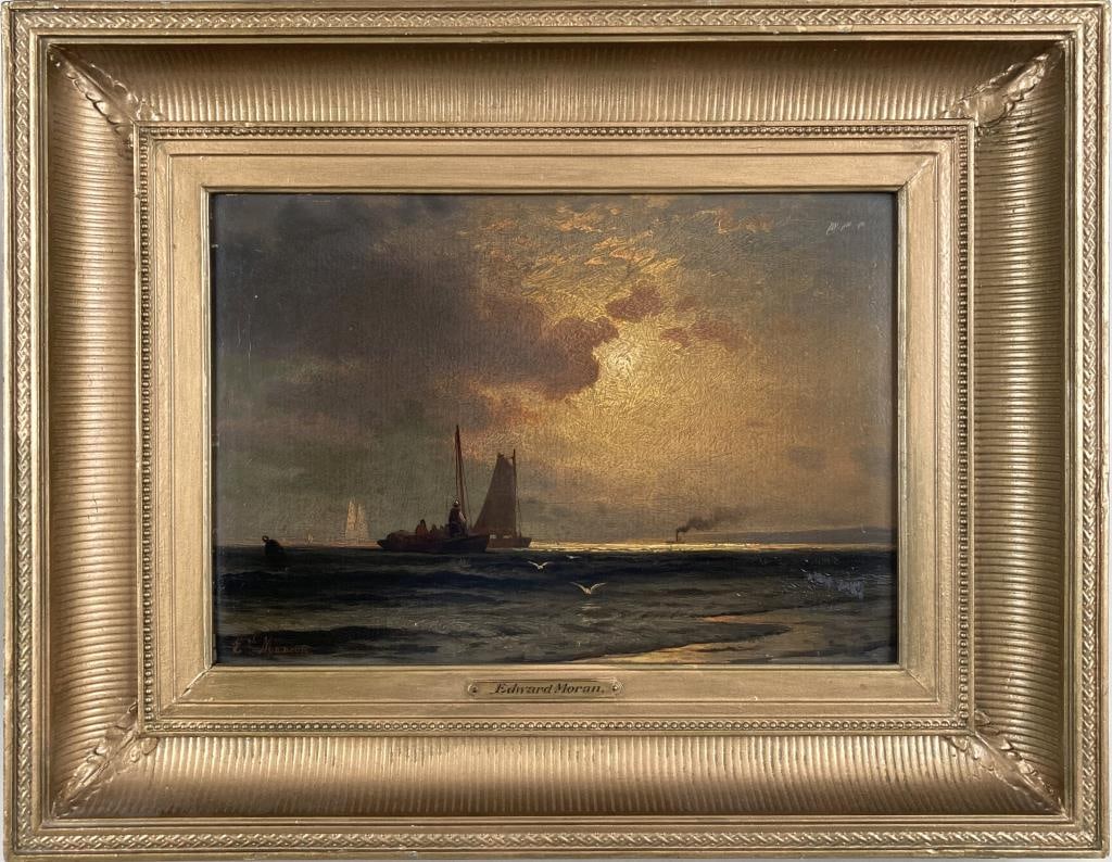 E. Moran O/T "Bay Of New York At Sunrise 1875": Edward Moran (Am. 1829-1901) oil on tin, signed lower left "Ed. Moran", luminist work of fishing boats in New York harbor. Legend verso "Bay of New York at Sunrise 1875". Frame size: 17 1/2" high, 21