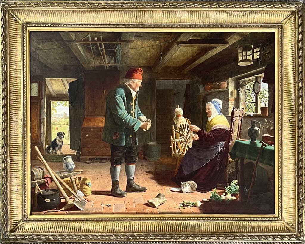 F. D. Hardy, Oil/Panel Titled "Richard & Kate": Frederick Daniel Hardy (Br. 1826-1911), work depicting an older couple inside an English country cottage, the lady at her spinning wheel, their dog in doorway. Titled on paper label verso, old collect