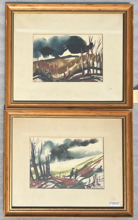 W. Freund, Two Watercolors: William Frederick "Will" Freund (Am. 1916-2014), signed lower left and lower right (almost under matt). Frame size: 18 1/2" high, 22 1/2" wide. Not examined out of frame. Soiling to matting, toning.