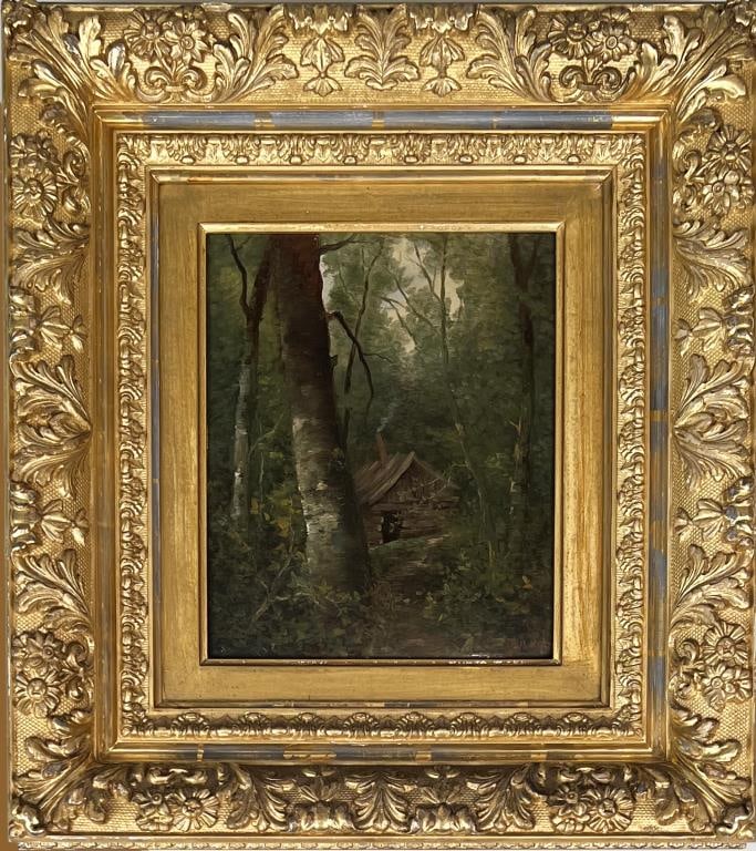 W. Ongley, O/AB Log Cabin Near Brant Lake: William Ongley (Am. 1836-1890) a lake in the Adirondacks, signed lower right, in original frame circa 1876-78. Ongley was a landscape painter who studied with William Worthington Whittredge in NYC. He