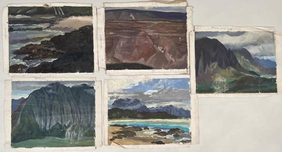 Savage, Group Five Hawaiian Oil Sketches: labelled as to location, Eugene Francis Savage (Am. 1883-1978). Largest: 17" high, 22" wide. All with estate stamp. Estate found condition, losses. Please refer to photos.