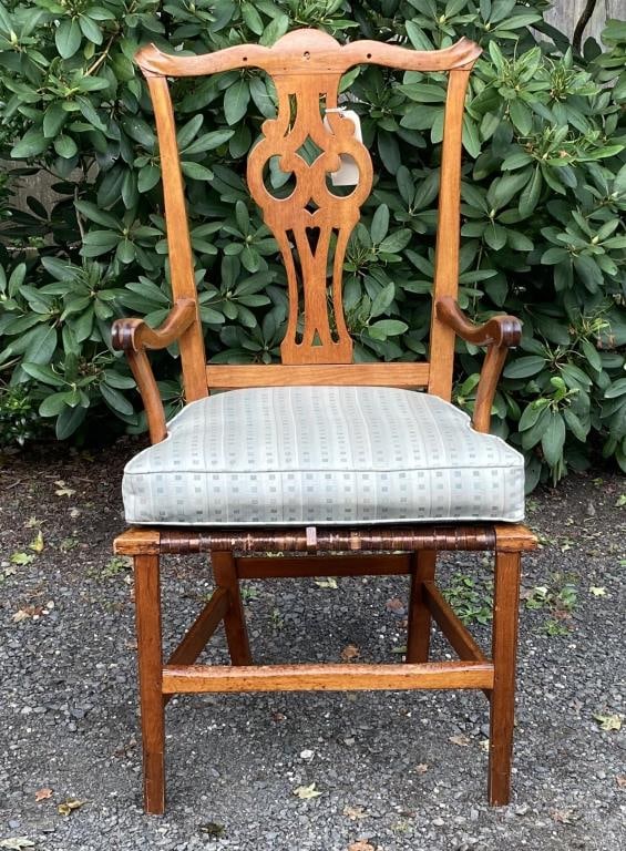 Am. Country Chippendale Birch Arm Chair: with shaped crest, "owl" splat, molded arms and new splint seat. 42" high, 23" wide, 17" deep. As is estate condition, three drilled holes in crest, legs extended four inches, crude staining to new sp