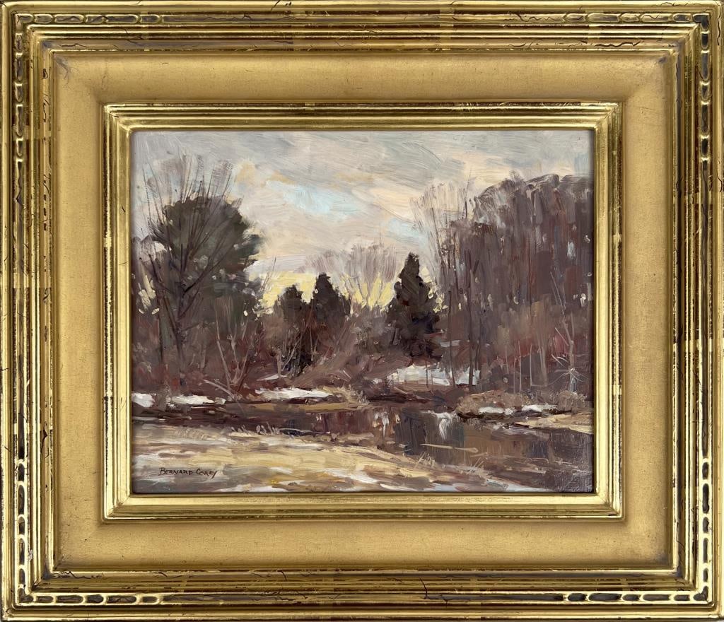 B. Corey, O/M "A Touch Of Snow" Impressionist Work: Bernard Corey (Am. 1914-2000) with estate stamp and card verso. Frame size: 13" high, 15 1/4" wide.