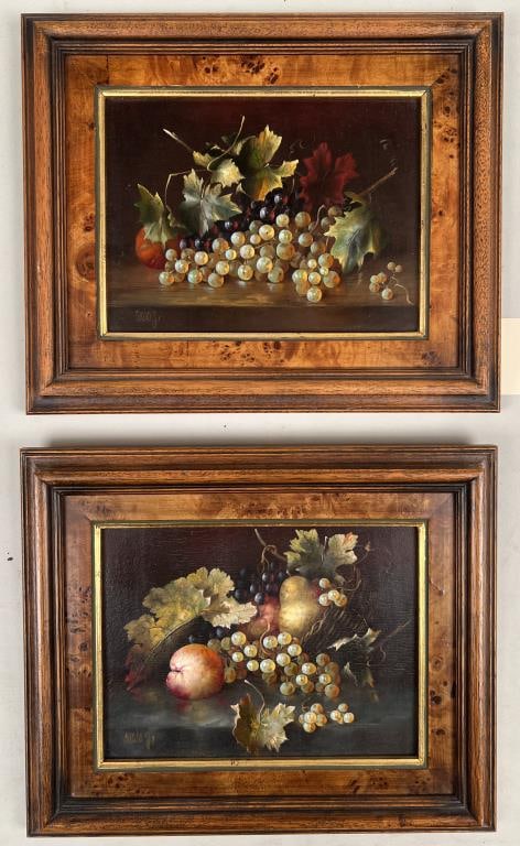 Pair Signed European Framed Still Life Works O/B: one with Hungarian "Kivitelre Engedelyezve" stamp verso, 20th century, appear to be signed Szabo. Frame size: 11 1/2" high, 14" wide. Some crackling to one panel.