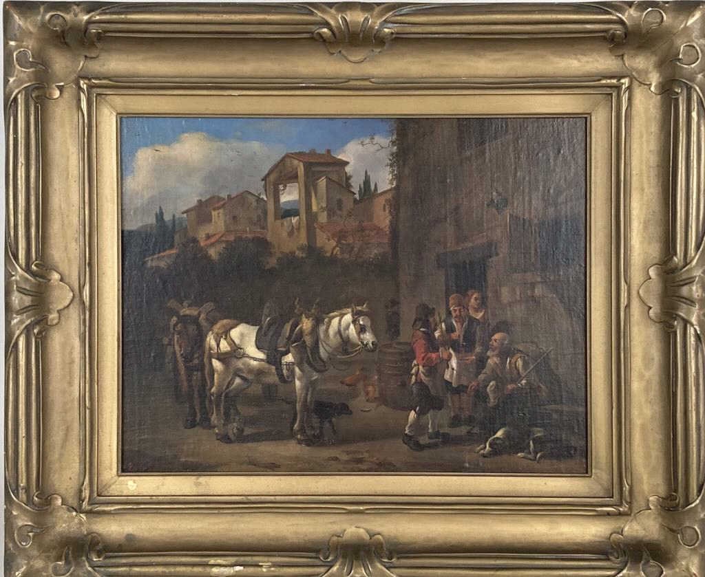European School O/C/B Village Scene: oil on canvas laid on board, depicting team of horses and villagers, signed indistinctly lower left. Frame size: 18" high, 21 1/2" wide. Estate of Joseph ''Jay'' St. Mark PhD, Newtown CT historian, ap