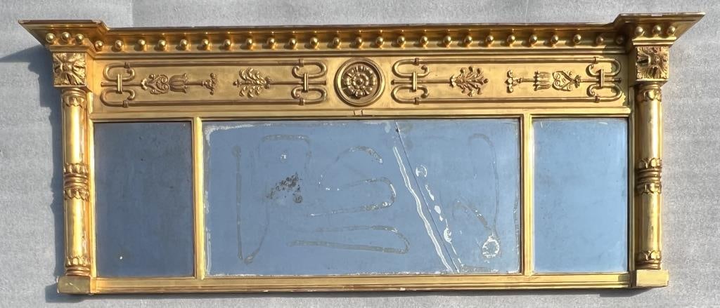 Regency Carved Giltwood Overmantle Mirror: as is, with cracked central beveled glass. 19 3/4" high, 49 3/4" wide, 4 1/8" deep.