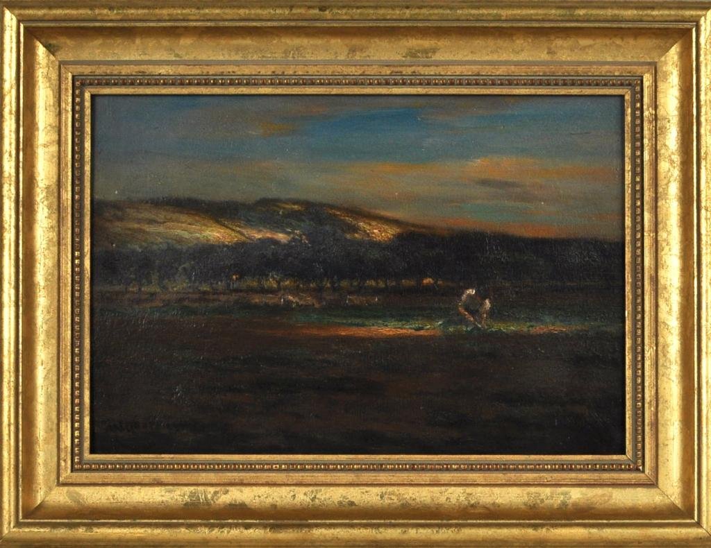 John Carleton Wiggins, Framed O/B Landscape Scene: John Carleton Wiggins (Am. 1848-1932) landscape with a woman of work in a rural landscape, with fruit trees and hills beyond, oil on board, signed lower left "Carleton Wiggins." Undated, possibly late