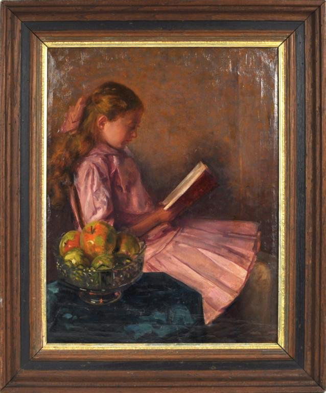 Joseph Newman, Untitled (Girl Reading): Joseph Newman (Am. 1890-1979) untitled (Girl Reading) framed oil on canvas, of a young girl seated engrossed in a book. Estate stamp verso. 14" wide, 18" high. Provenance: Estate of the artist.