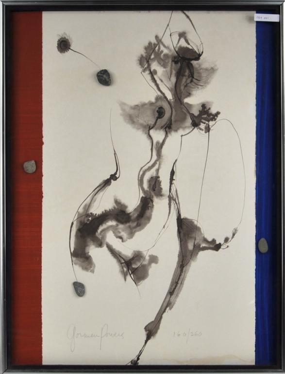 R.M. Gorman Powers, Abstract Mixed Media: R.M. Gorman Powers (Am. 1926-1996) abstract mixed media and collage on paper, signed and numbered 160/260. Small area of damp staining lower right. 25 1/2" high, 19 1/2" wide