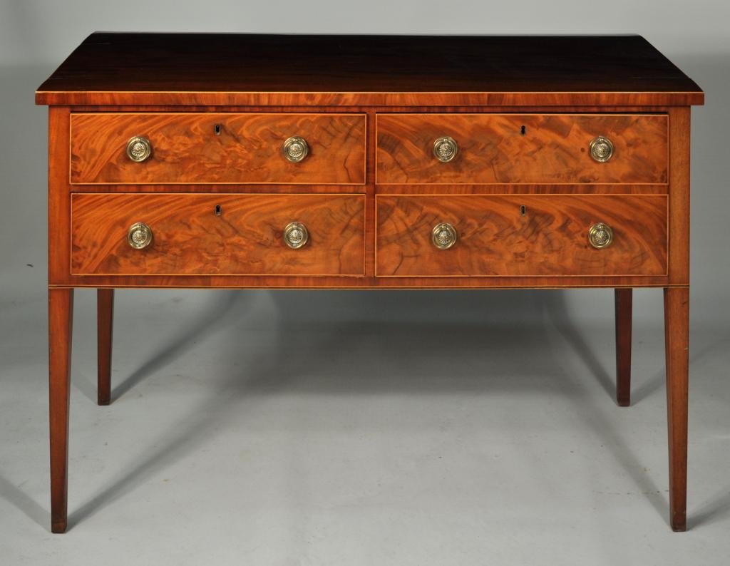 Inlaid Faded Mahogany Huntboard or Serving Board: Fine hepplewhite inlaid mahogany huntboard or serving board, with rectangular top with string inlaid border above two rows of two long drawers, the right side simulated as two drawers housing a bottle