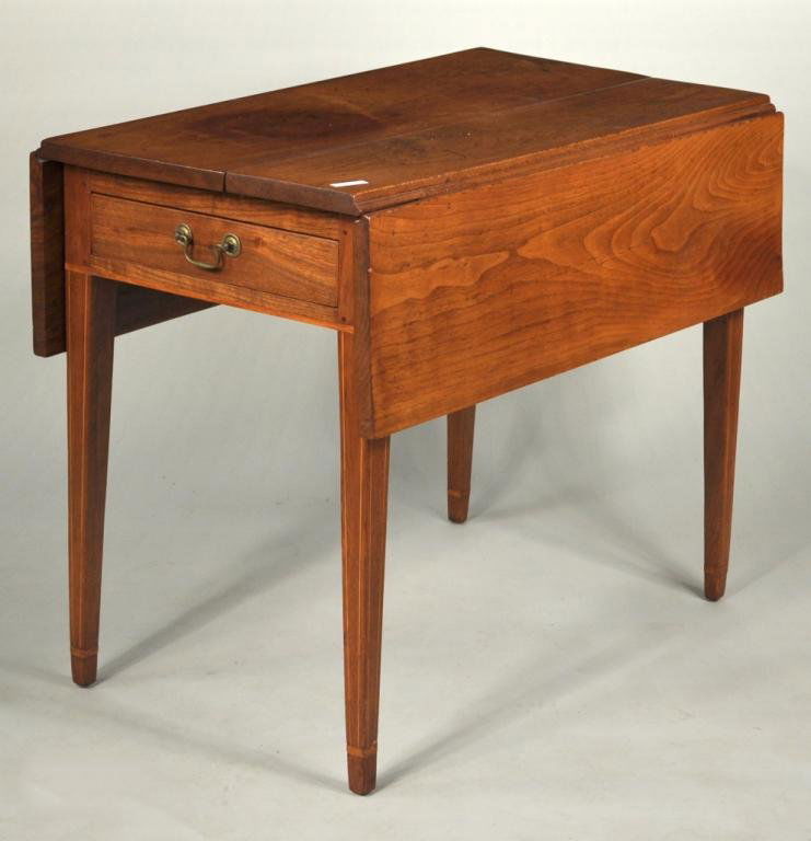 Southern Inlaid Hepplewhite Walnut Pembroke Table: American hepplewhite inlaid walnut drop leaf pembroke table. 27 1/2" high, 38 3/4" wide (leaves up), 21" (leaves down), 34" deep. Repairs and scuffs to top.