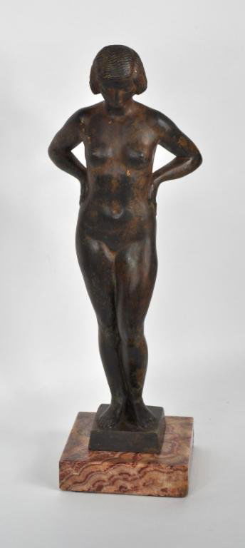 Paul Manship, Gilt Bronze Figure "Nude Study": Paul Manship (Am. 1885 - 1966) signed Art Deco gilt bronze figure "Nude Study", circa 1927, set on a brown banded onyx base; a similar work illustrated in "Manship, A Retrospective, The North Shore Ar