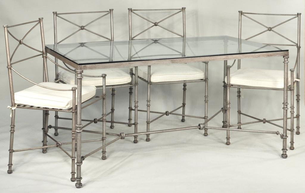 Modernist Iron & Glass Dining Table Suite: A modernist wrought iron and glass dining table suite, comprising a rectangular dining table, six arm chairs and a settee/bench. Table: 29 3/4" high, 60" wide, 36" deep; chair: 37 3/4" high, 20" wide,