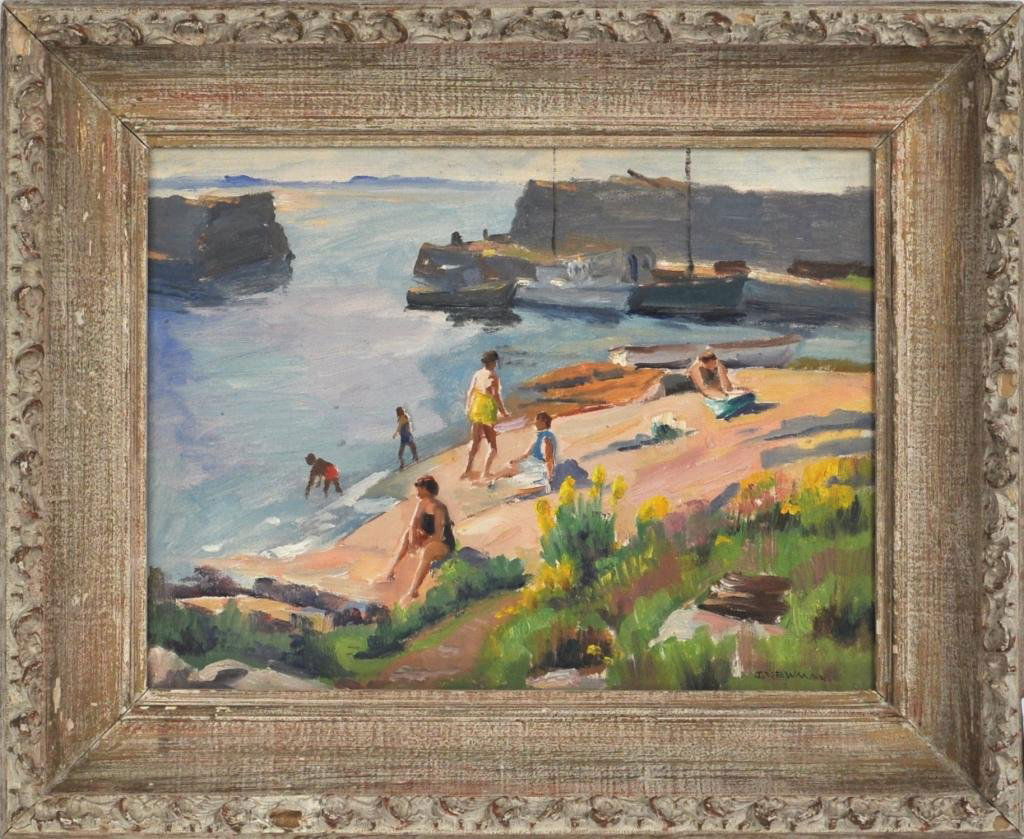Joseph Newman, Untitled (New England Beach Scene): Joseph Newman (Am. 1890-1979) untitled (New England Beach Scene) framed oil on canvas of a typical New England beach area. Estate stamp verso. 16" wide, 12" high. Provenance: Estate of the artist.