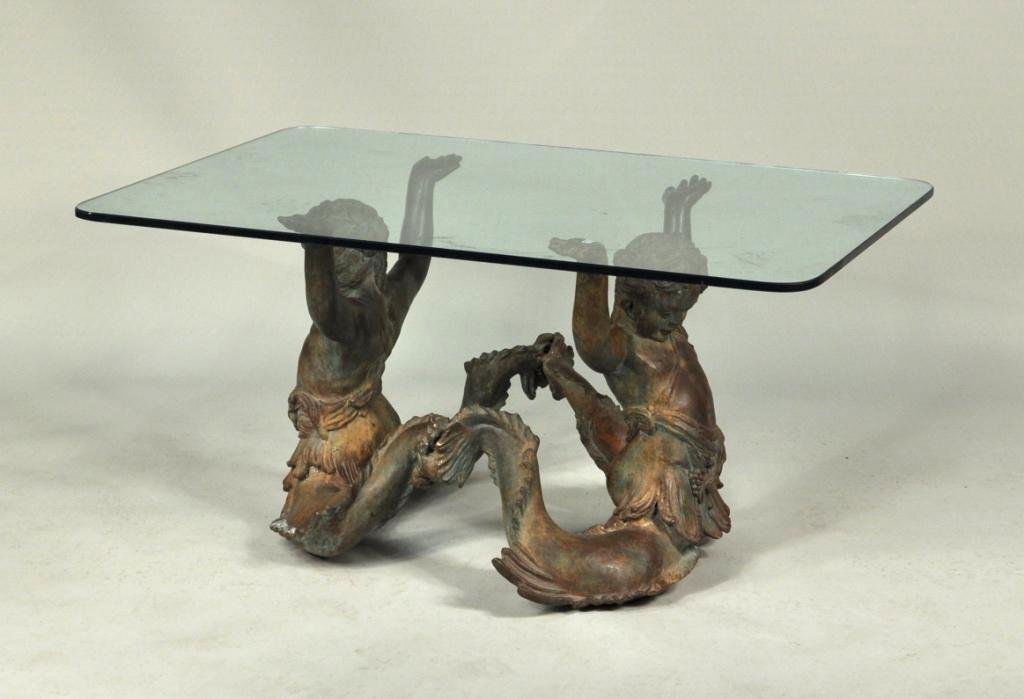 patinated cast bronze/glass mermaid coffee table patinated cast bronze/glass mermaid coffee table