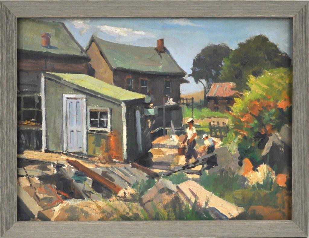 Joseph Newman, Untitled (Rockport Workers): Joseph Newman (Am. 1890-1979) untitled (Rockport Workers) framed oil on canvas, estate stamp verso. 16" wide, 12" high. Provenance: Estate of the artist.