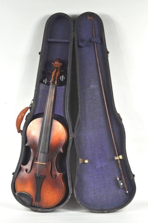 Vintage Violin, With Bow and Case: Vintage violin, maple and spruce showing some wear, with bow and case. 24" high, 8 1/2" wide, 3 1/2" deep.