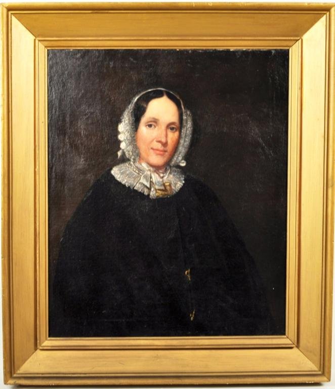 Attributed to Earl Bridges Framed Portrait of Lady: Attributed to Earl Bridges (New York, 1840's) framed portrait of Hannah Putman, American, 19th century. Provenance Pook & Pook, Downingtown, PA. 38 1/2" high, 33 3/4" wide; sight size: 28 1/2" high, 2