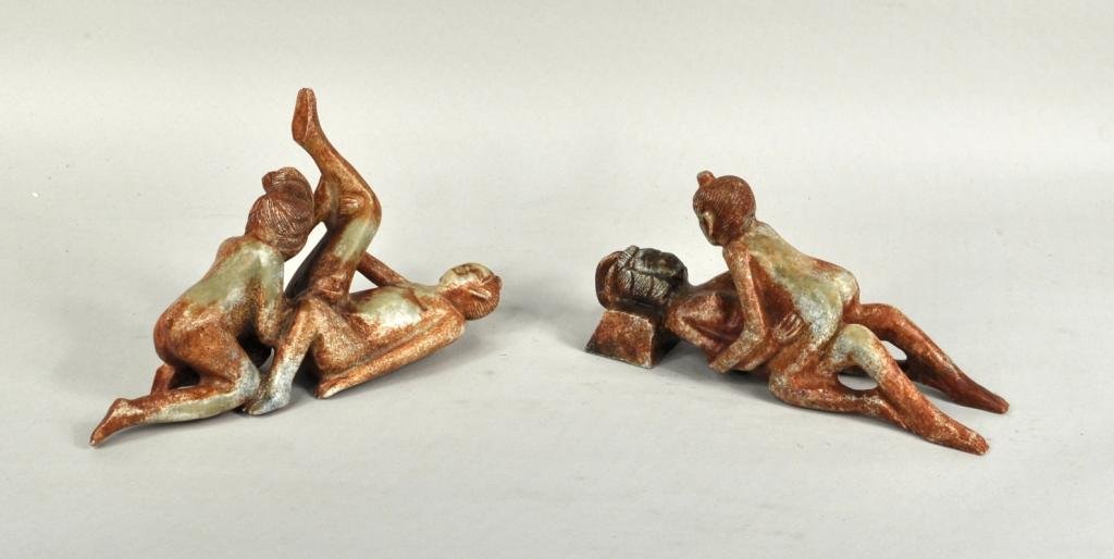 Two Asian Soapstone Erotic Carvings: Two Asian carved soapstone erotic figures, each depicting a couple. Large: 5" high, 9 1/2" wide, 3" deep; small: 4" high, 9" wide, 2 1/4" deep
