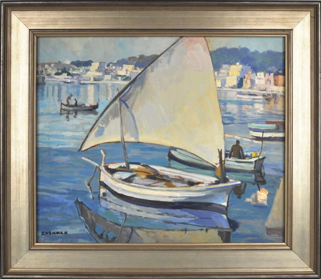 Joseph Newman, Untitled (Harbor Boating Scene): Joseph Newman (Am. 1890-1979) untitled (Harbor Boating Scene) framed oil on canvas depicting a harbor with sailboats and fishing boats. Signed lower left. 24" wide, 20" high. Provenance: Estate of the