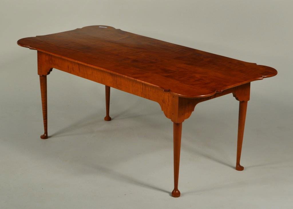 Eldred Wheeler Porringer Top Tiger Maple Low Table: Eldred Wheeler labeled porringer top tiger maple low coffee table with turned legs and duck feet. 19 1/2" high, 48" wide, 23" deep.
