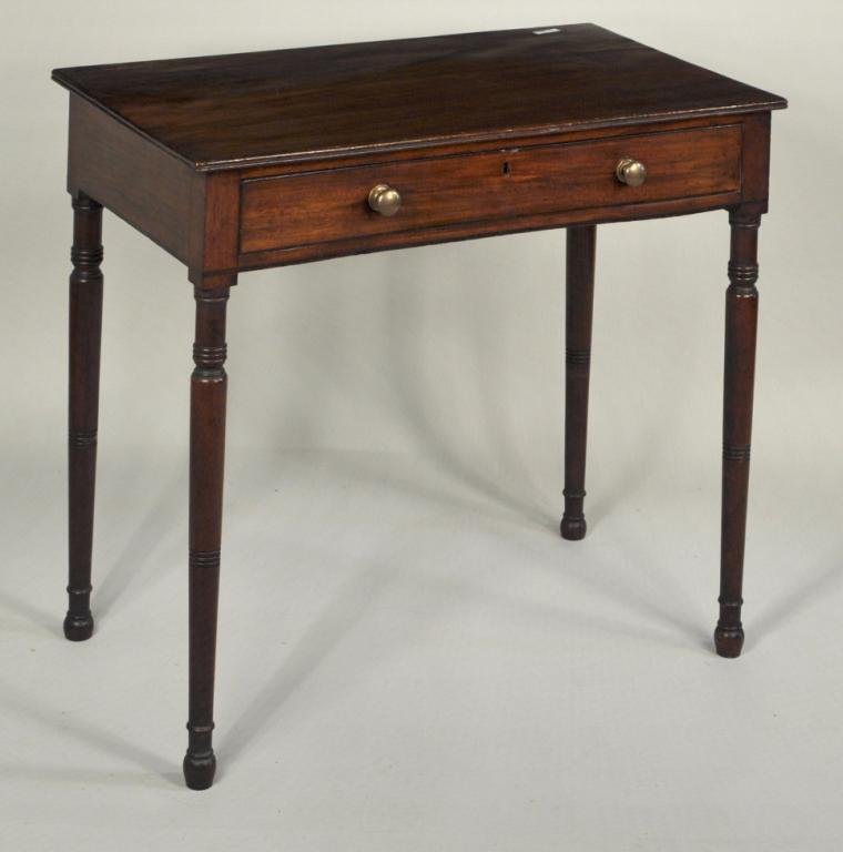 Sheraton One Drawer Mahogany Serving Table: Sheraton mahogany serving table with one long drawer and turned legs with stump feet. 29" high, 34" wide, 19 1/2" deep