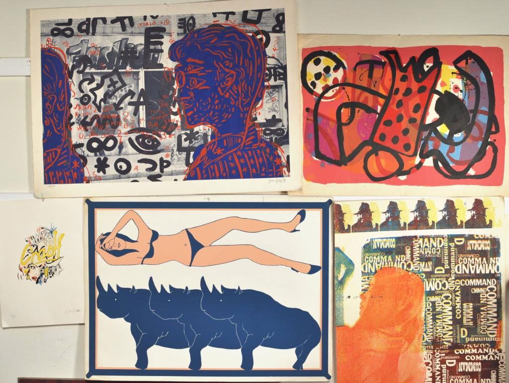 Group Five Abstract Scenes, John Wesley, Crash: Group of five unframed lithographs and silkscreen abstract scenes, including John Wesley silkscreen "Dream of Unicorns" signed and numbered 20/200 in pencil, William Weege silkscreen, along with an un