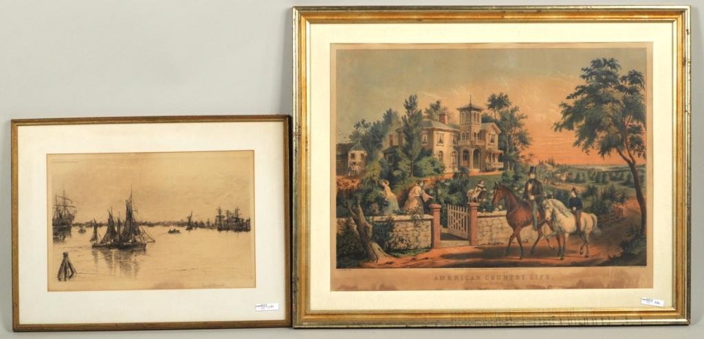 Framed Hunt Etching & Framed Currier Print: Two framed items, one an etching of European harbor scene, signed "Hunt", together with a Currier print "A Country Life". Etching: 15 1/2" high, 21 1/2" wide, Currier: 24 7/16" high, 30 3/4" wide. Fox