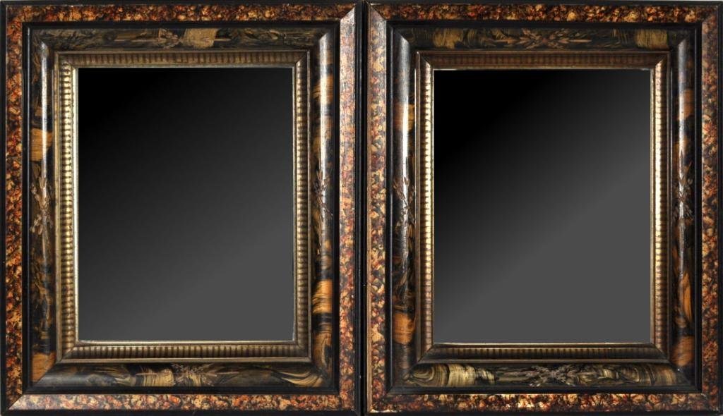 Pair Paint Decorated Picture Frames: Pair of paint decorated picture frames with scratch carved detail, now fitted with mirror plates, American, later 19th century. 14 1/4" high, 12 1/2" wide.
