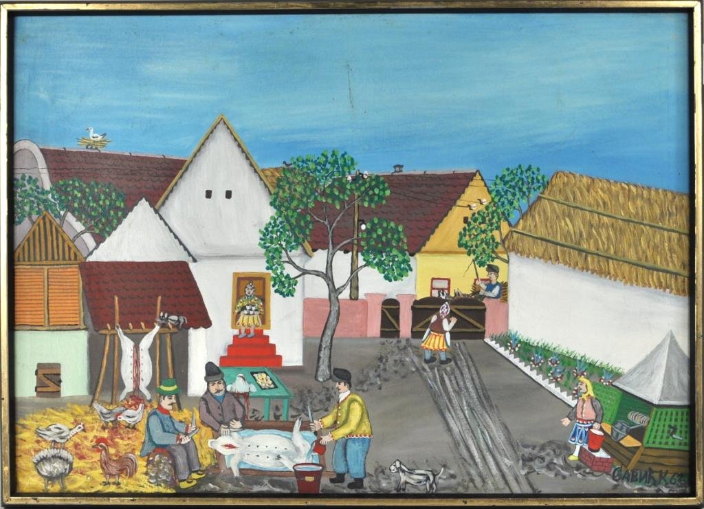 Krsta Savic, Framed Folk Art O/C Village: Krsta Savic (Yugoslavian, 20th c.), folk art village scene with men butchering hogs in the foreground, oil on canvas, signed and dated '63, inscribed verso. 21 3/4" high, 30 1/4" wide.
