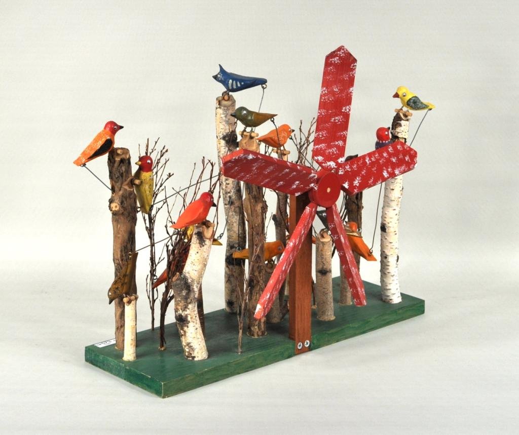 Outside Art Aviary Whirlygig, Signed John Bambic: Charming outsider folk art whirlygig with birds, signed on bottom "John Bambic", a Milwaukee based folk artist known for unique whirlygigs and other folk art. 14 1/4" high, 17" wide, 5 3/4" deep.