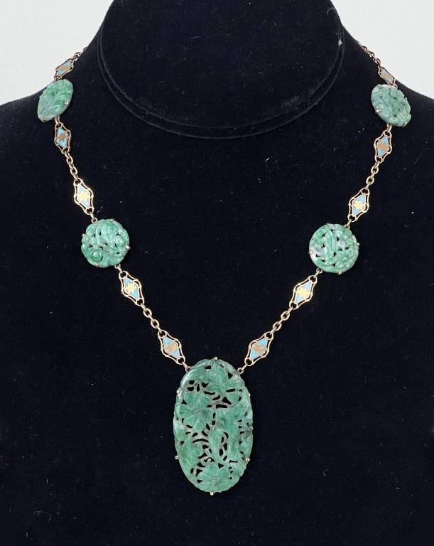 14K Gold, Enamel & Jade Necklace (1 of 7)