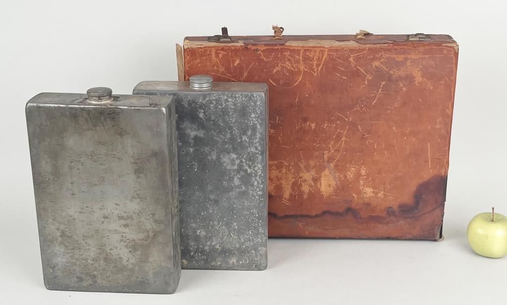 Abercrombie & Fitch Leather Flask Case: case: 13 3/4" high, 17 1/2" wide, 3 1/4" deep. Extensive wear to case, oxidation to flasks.