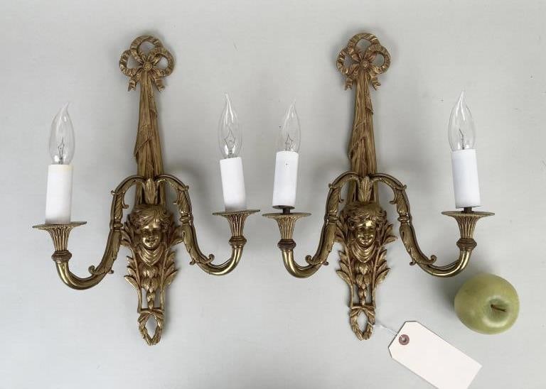 Pair Gilt Bronze Two Light Wall Sconces (1 of 7)