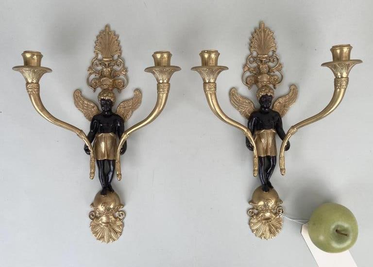 Pair Gilt Bronze Two Light Wall Sconces (1 of 7)