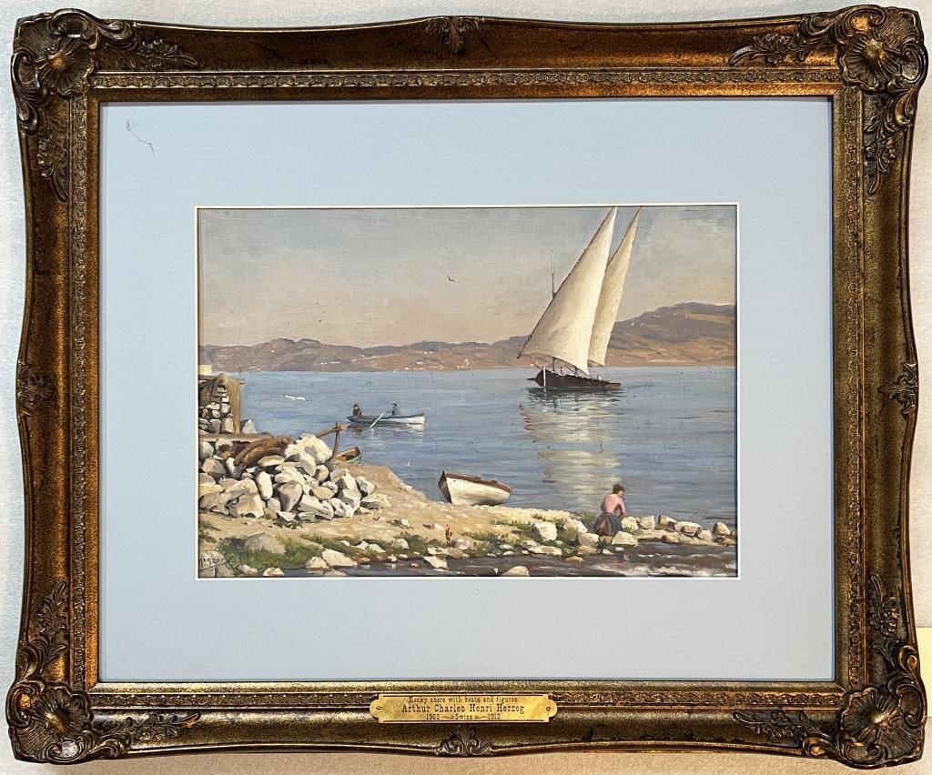 Herzog, W/C Rocky Shore, Boats & Figures: Arthur Charles Henri Herzog (Switzerland 1913-1962) signed lower left. Frame size: 19 1/2" high, 23 1/2" wide. No glass, soiling to matting.
