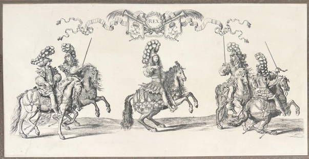 After Israel Silvestre, Louis XIV Etching: likely a later restrike etching of Louis XIV, King of France "Rex, Romantorum Imperator". Louis shown on a decorated horse, supported on either side by four other costumed equestrian figures. The orig