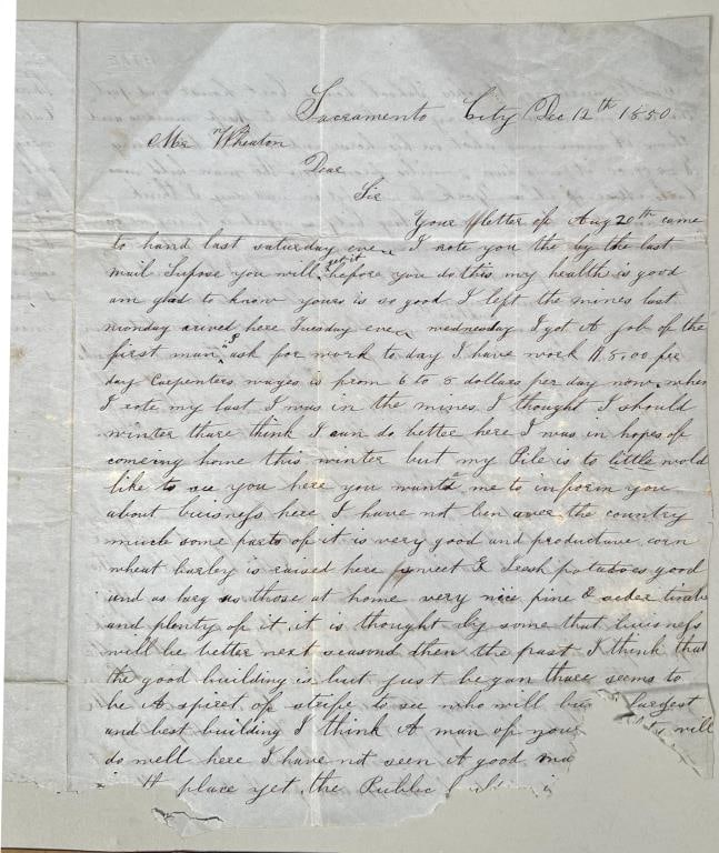 Gold Rush Letter: Dec 13, 1850; Lewis Trask in Sacramento to Mr. N Wheaton. Letter about Californian farming and building opportunities. Also described is the $2,500.00 robbery of Charles Moore, who while riding his ho