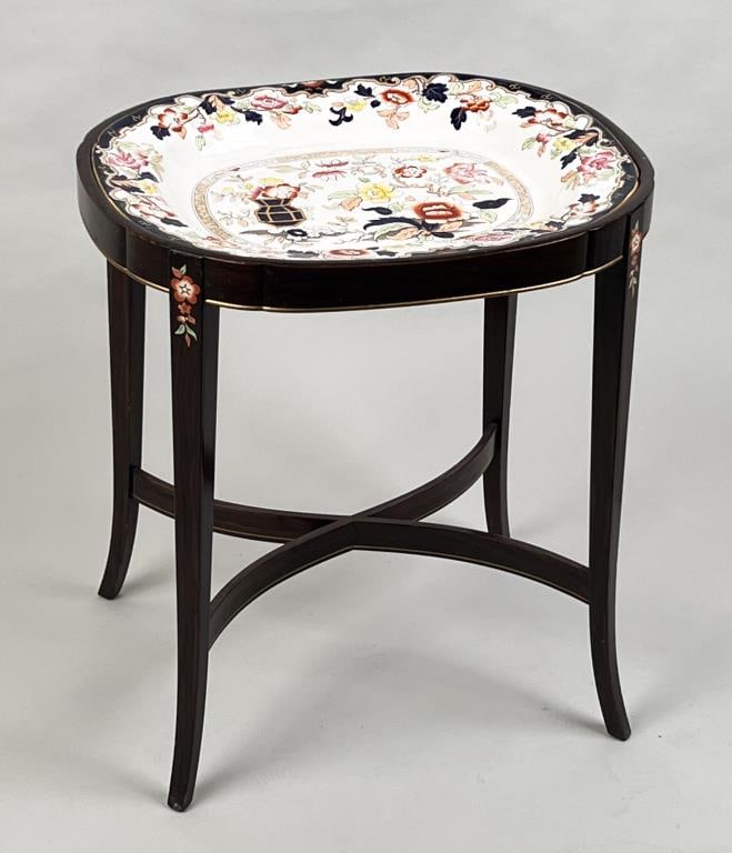 English Ironstone Imari Pattern Platter/Stand: with "Simlay Baron's Antiques" label. 20 5/8" high, 19" wide, 15 1/2" deep. Tray with crazing, hairline cracking; base with repair, age and use wear, scuffing.
