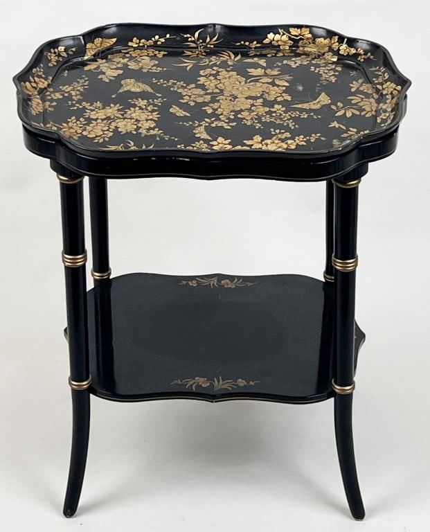 Papier Mache Serpentine Tray on Stand: baroque chinoiserie butterfly and flora decoration, signed "Jennens & Betteridge". 21 7/8" high, 19" wide, 14 1/2" deep. Scuffing, crazing, paint wear, general use wear. A. Jennens and J. Bettridge, c