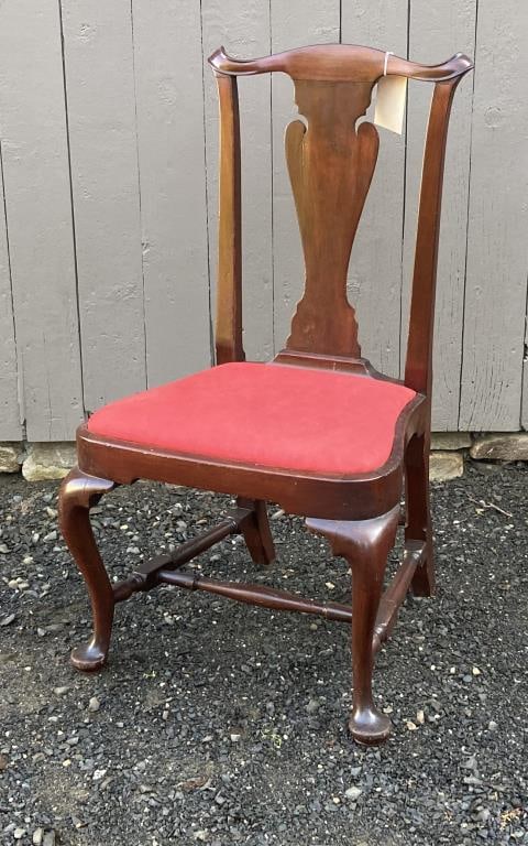 Boston Queen Anne Walnut Balloon Seat Side Chair: with serpentine crest, carved ears, "parrot" transitional form with "parrot" splat and turned stretchers with cabriole front legs ending in large pad feet. 38" high, 21" wide, 17" deep, seat 17" high.