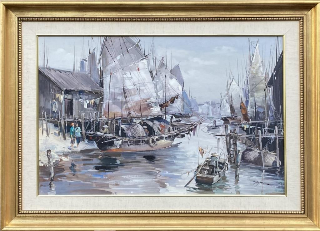 Attr. Tinyan, O/C Chinese Sailing Vessels At Dock (1 of 7)